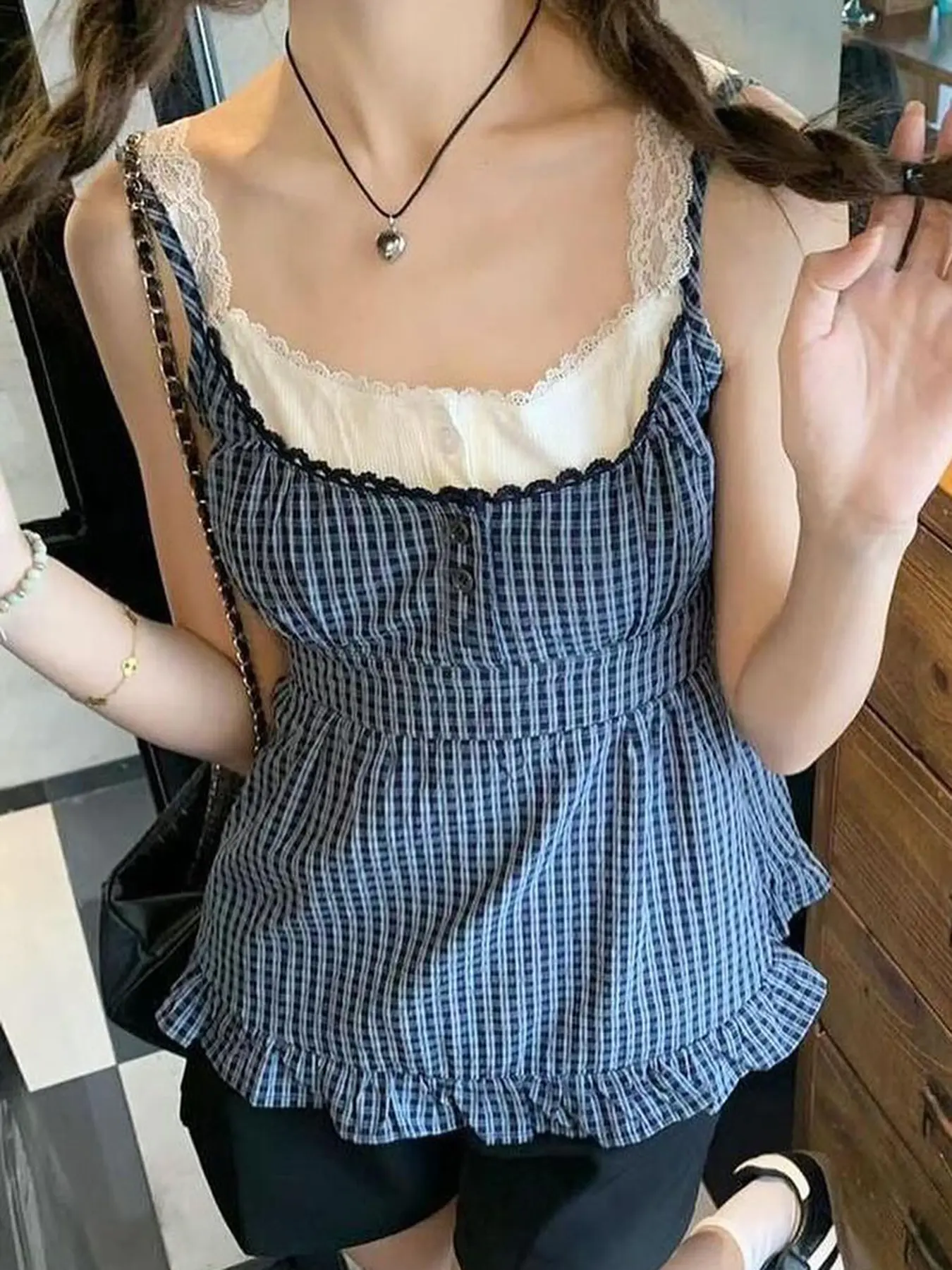 Rockmore Women Plaid False Two-piece Camisole Harajuku Vests Summer Y2k Aesthetic Crop Tops Fashion Casual Sleeveless Tank Tops