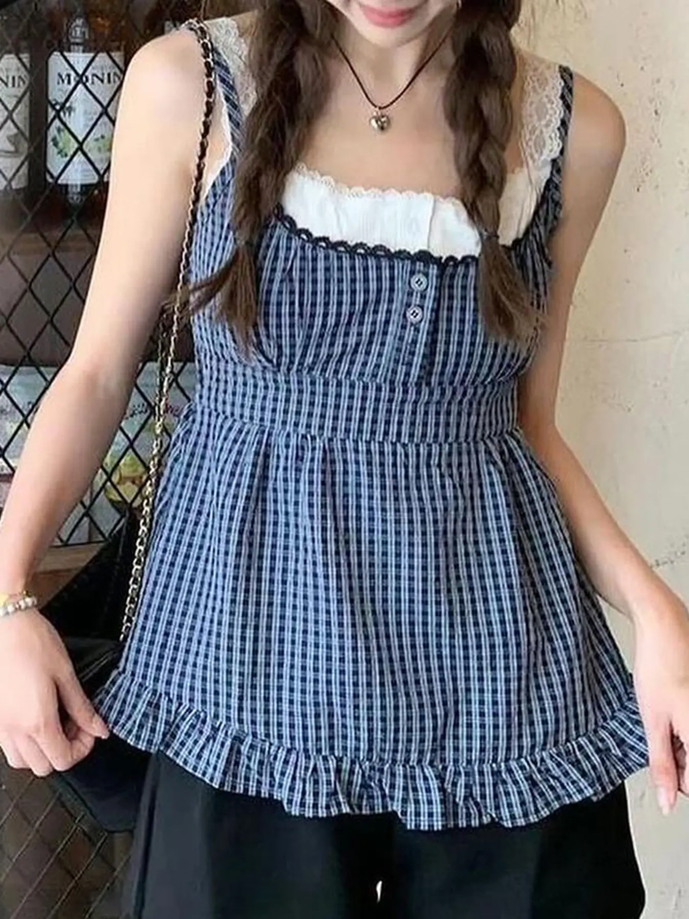 Rockmore Women Plaid False Two-piece Camisole Harajuku Vests Summer Y2k Aesthetic Crop Tops Fashion Casual Sleeveless Tank Tops