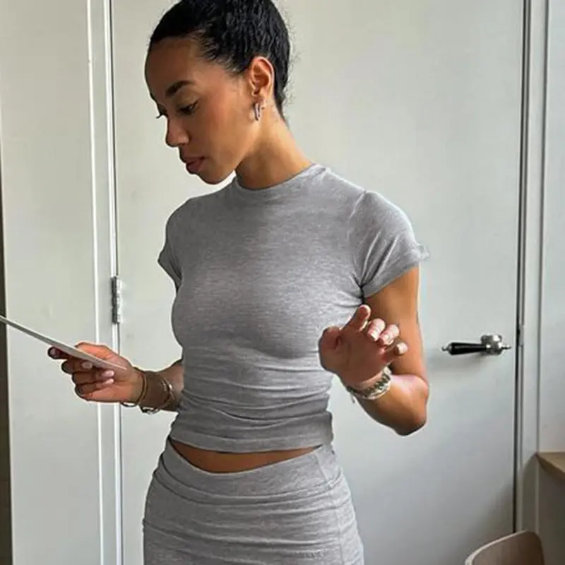 Rockmore Solid Basic Casual Crew Neck Short Sleeve T-shirt Women Summer Slim-fit All-match Crop Top Y2K Streetwear T Shirts