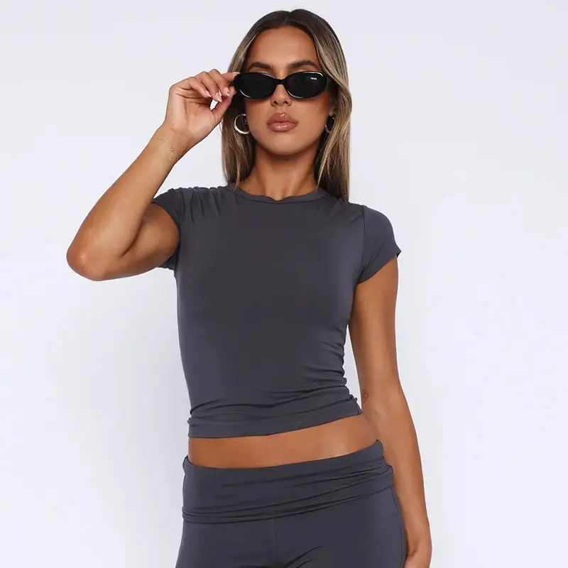 Rockmore Solid Basic Casual Crew Neck Short Sleeve T-shirt Women Summer Slim-fit All-match Crop Top Y2K Streetwear T Shirts