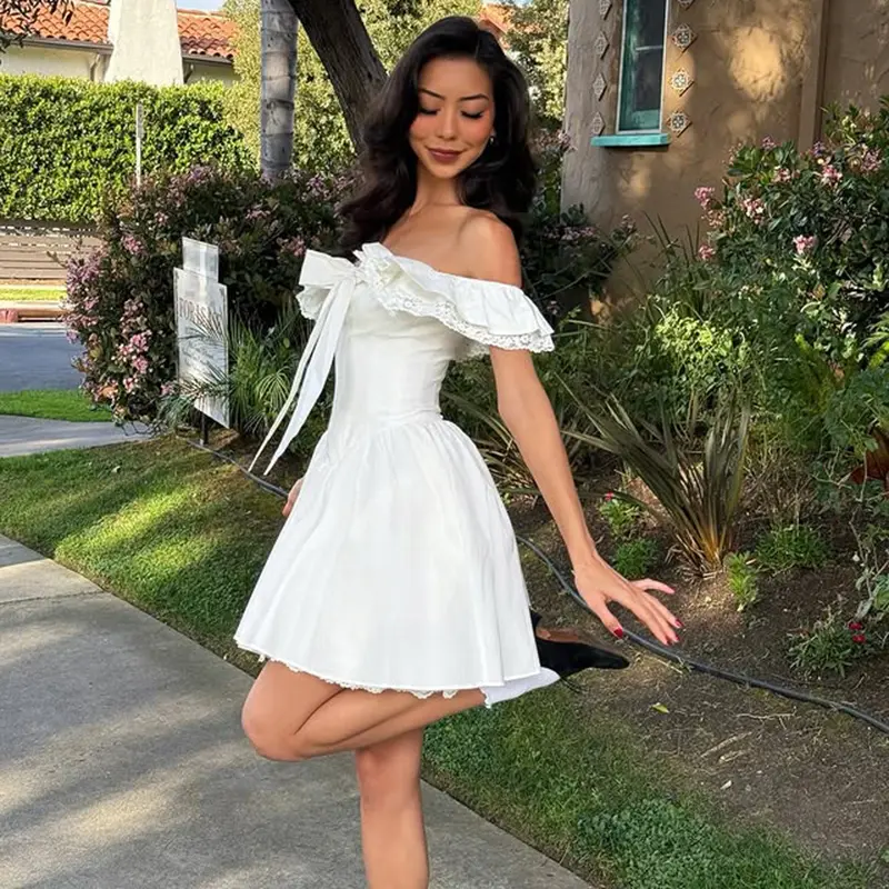 Rockmore Elegant Party Dresses for Women Off-shoulder Bow Lace Mini Bodycon Dress Pleated A-Line Evening Ball Gown Sundress