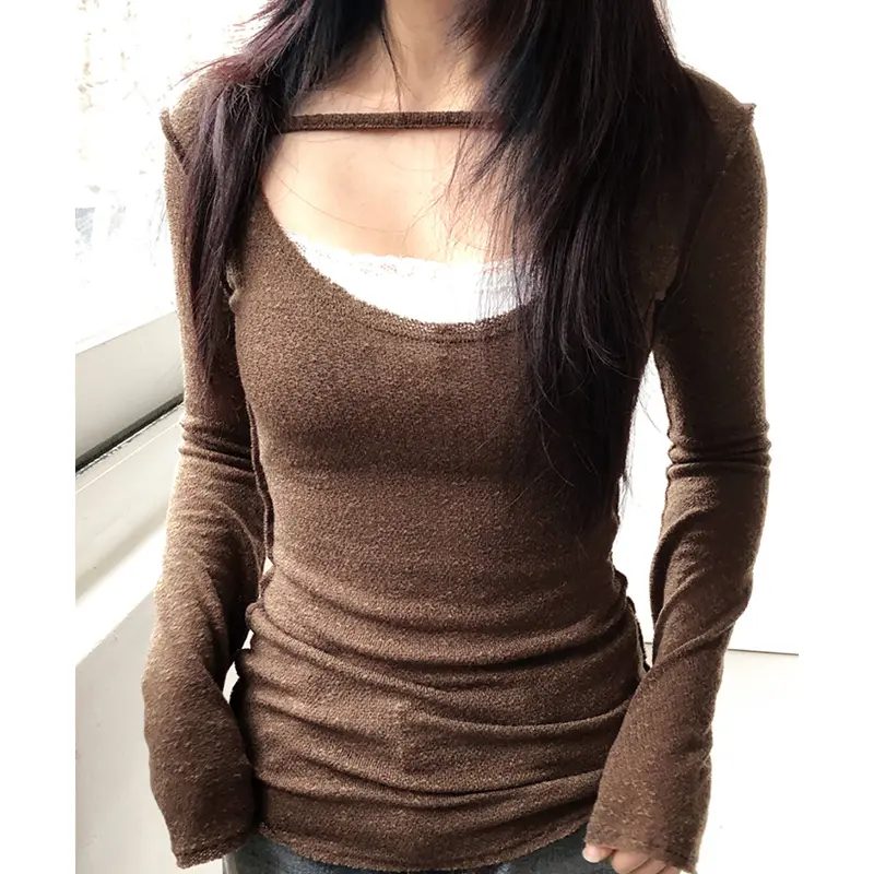 Rockmore Brushed Knitted Fake two-piece Tops for Women Contrast Patchwork Slim Fit Round Neck T-shirt Autumn Solid  Pullover