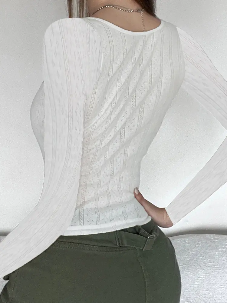 Rockmore Y2K Bow Knitted Slim-Fit T-shirts Women Aesthetic Kawaii Long Sleeve Tees Casual Basic Streetwear Tops Coquette Clothes