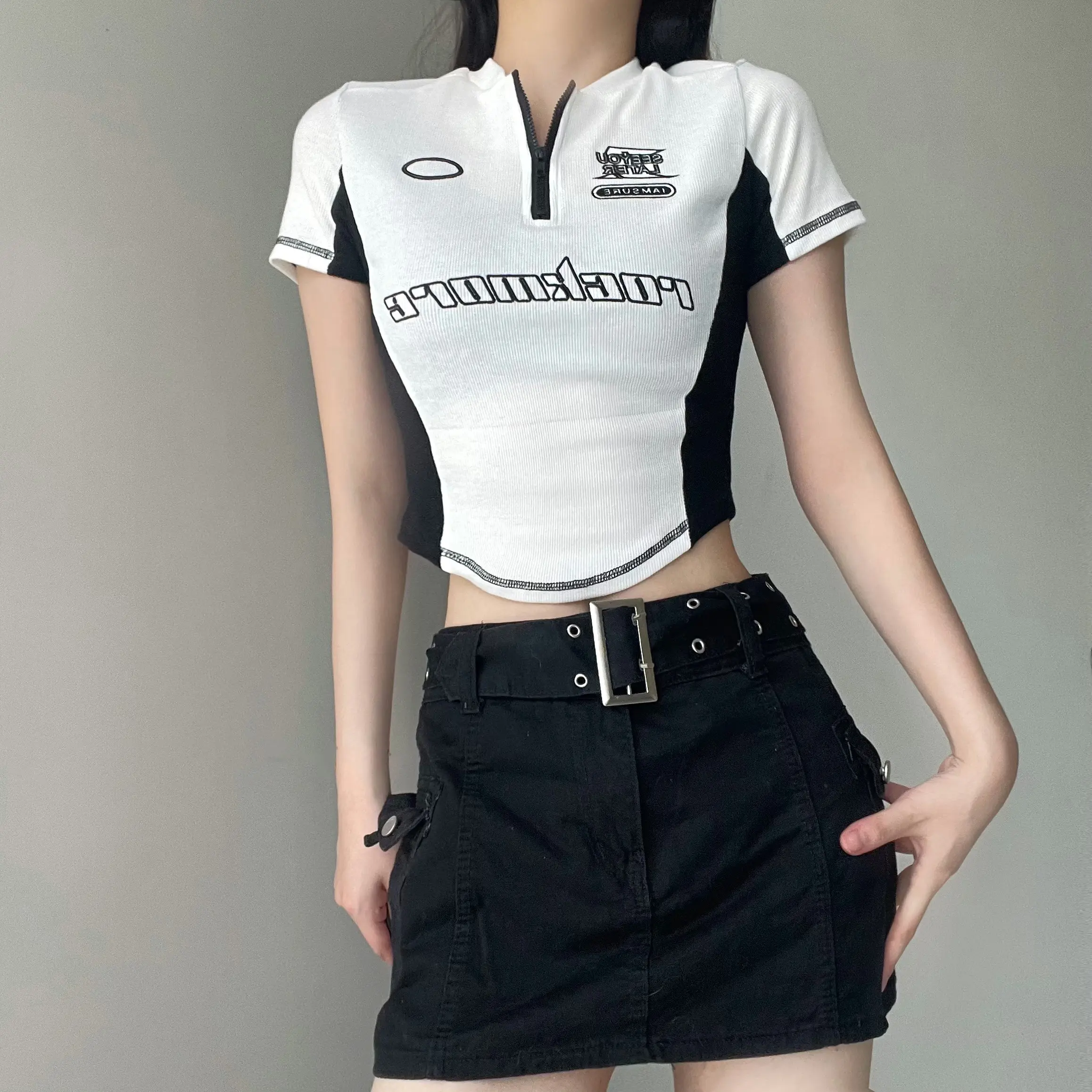 Rockmore Techwear Stitching Printing T-shirt Fashion Zipper V-neck Top Streetwear Cool Hot girls Summer Short Sleeve Clothes