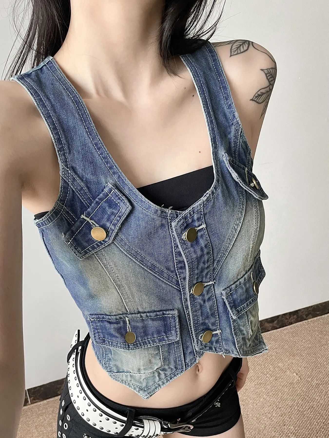 Rockmore Fashion Safari Style Denim Vest Top Vintage Casual Sleeveless Women Clubwear Outerwear Chic Tops Y2k Streetwear Clothes
