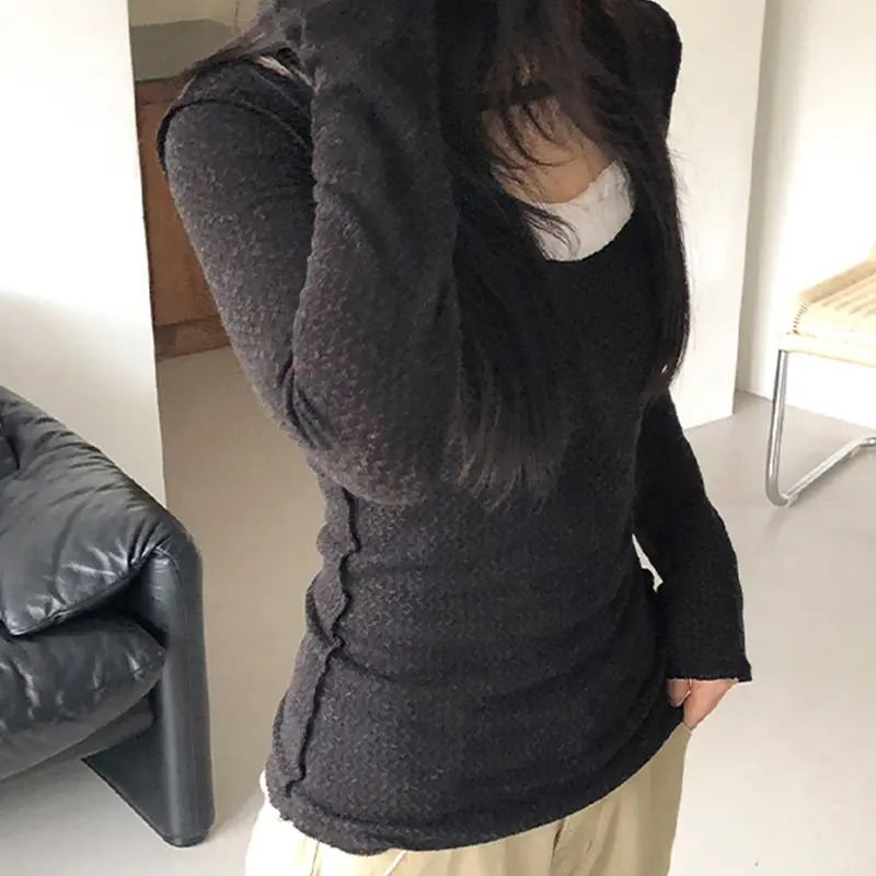 Rockmore Brushed Knitted Fake two-piece Tops for Women Contrast Patchwork Slim Fit Round Neck T-shirt Autumn Solid  Pullover