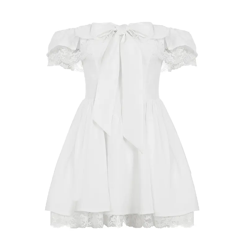 Rockmore Elegant Party Dresses for Women Off-shoulder Bow Lace Mini Bodycon Dress Pleated A-Line Evening Ball Gown Sundress