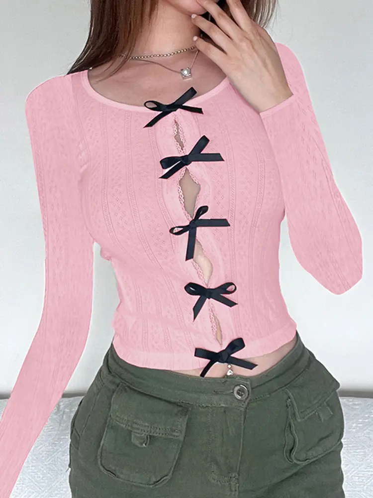 Rockmore Y2K Bow Knitted Slim-Fit T-shirts Women Aesthetic Kawaii Long Sleeve Tees Casual Basic Streetwear Tops Coquette Clothes