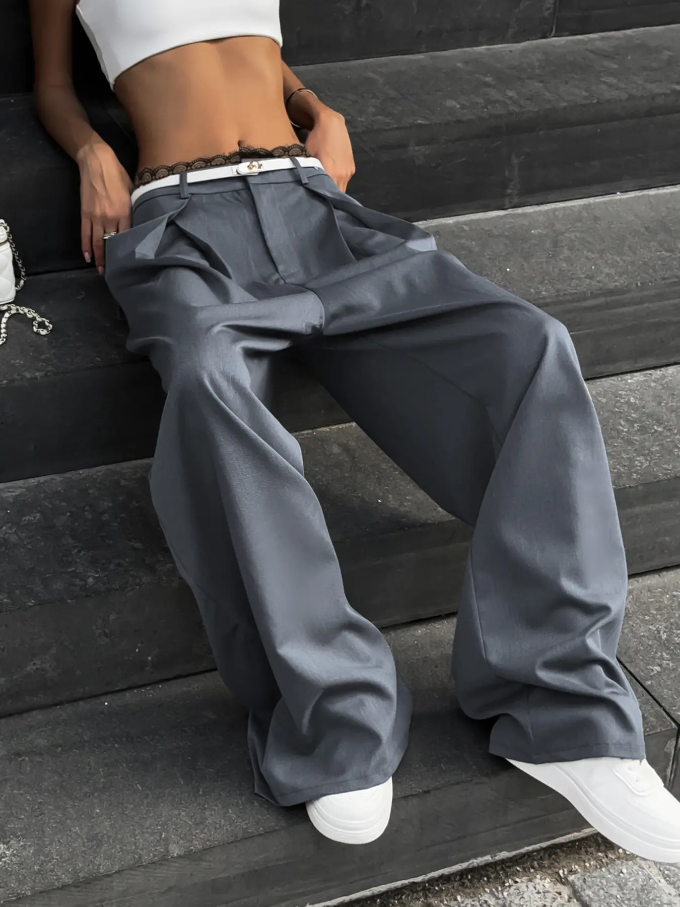 Rockmore Casual Lace Trim Patchwork Folds Suits Pants for Women Straight Baggy Streetwear Solid Low-Waist Full Length Trousers