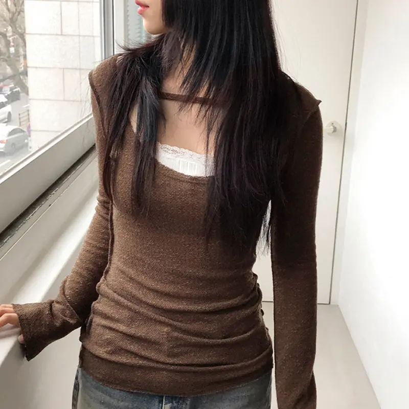 Rockmore Brushed Knitted Fake two-piece Tops for Women Contrast Patchwork Slim Fit Round Neck T-shirt Autumn Solid  Pullover