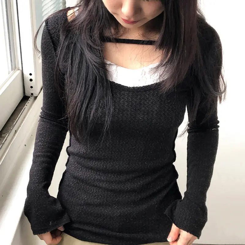 Rockmore Brushed Knitted Fake two-piece Tops for Women Contrast Patchwork Slim Fit Round Neck T-shirt Autumn Solid  Pullover