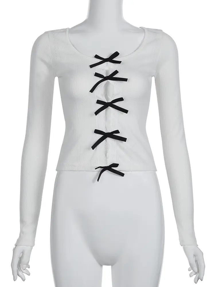 Rockmore Y2K Bow Knitted Slim-Fit T-shirts Women Aesthetic Kawaii Long Sleeve Tees Casual Basic Streetwear Tops Coquette Clothes