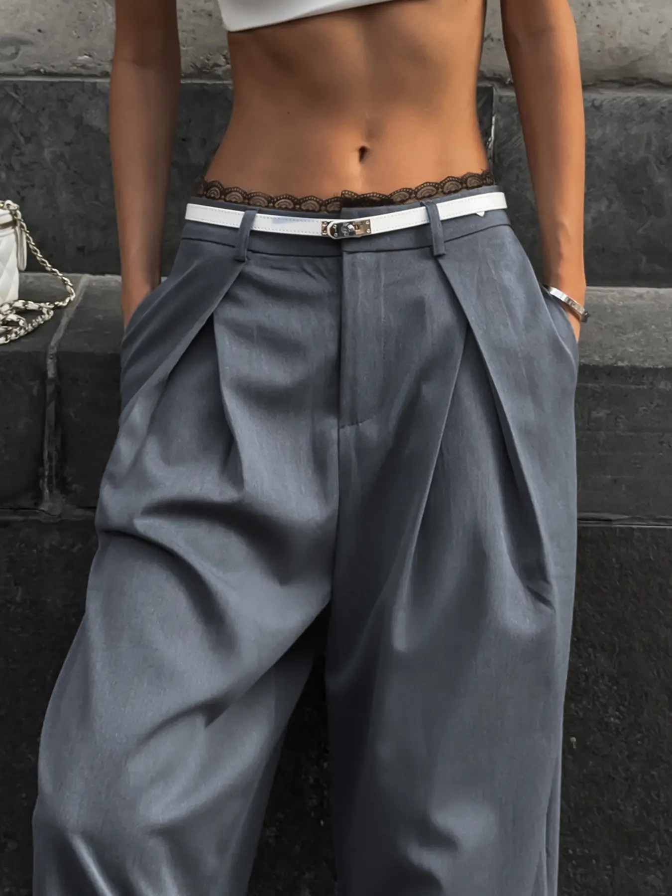 Rockmore Casual Lace Trim Patchwork Folds Suits Pants for Women Straight Baggy Streetwear Solid Low-Waist Full Length Trousers