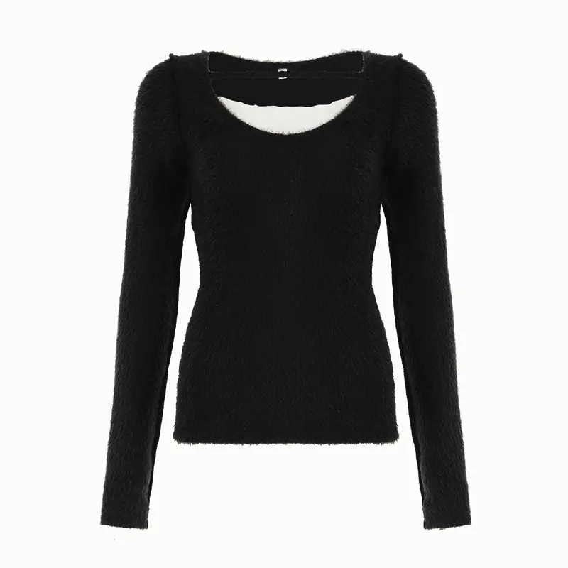 Rockmore Brushed Knitted Fake two-piece Tops for Women Contrast Patchwork Slim Fit Round Neck T-shirt Autumn Solid  Pullover