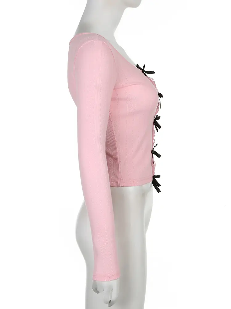 Rockmore Y2K Bow Knitted Slim-Fit T-shirts Women Aesthetic Kawaii Long Sleeve Tees Casual Basic Streetwear Tops Coquette Clothes