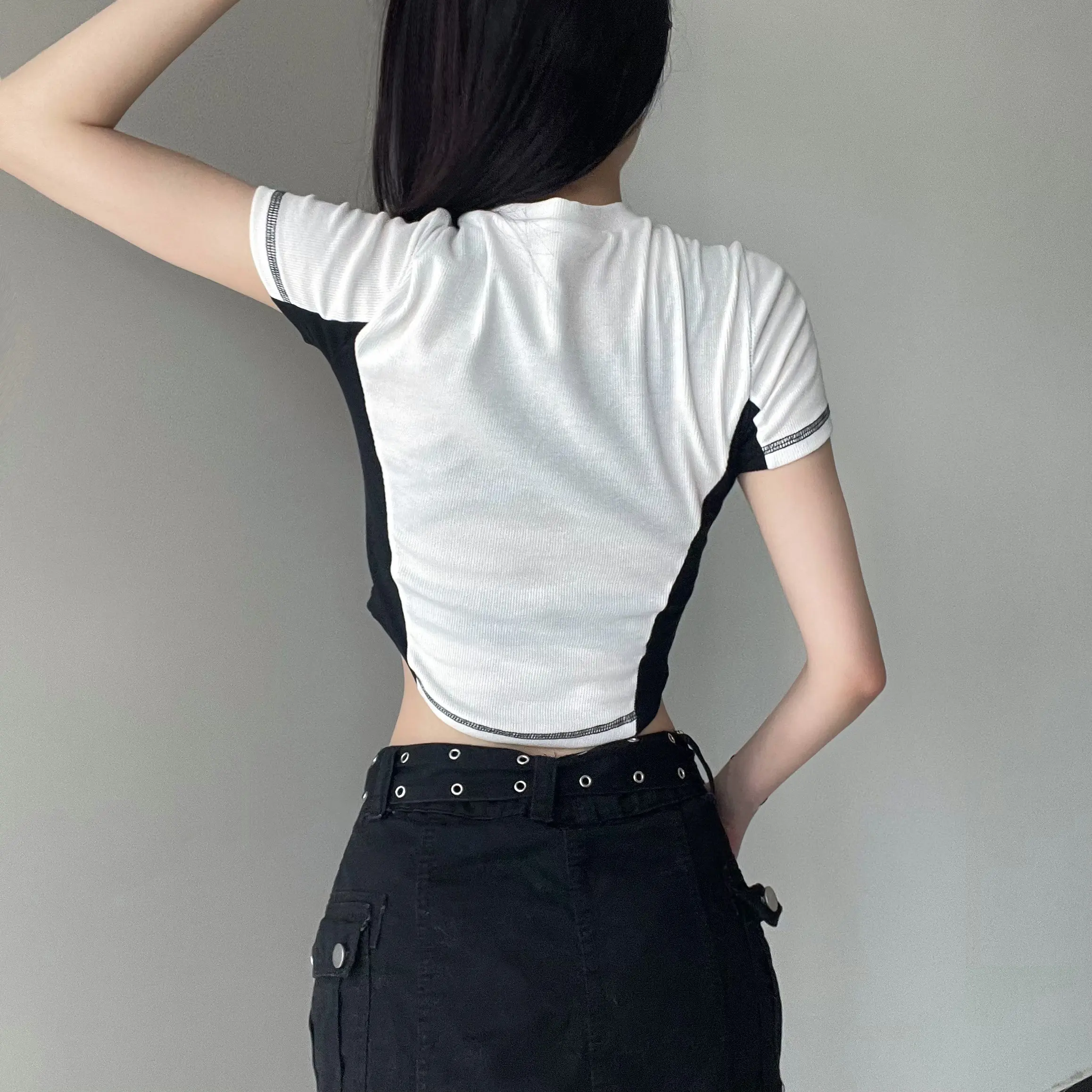 Rockmore Techwear Stitching Printing T-shirt Fashion Zipper V-neck Top Streetwear Cool Hot girls Summer Short Sleeve Clothes