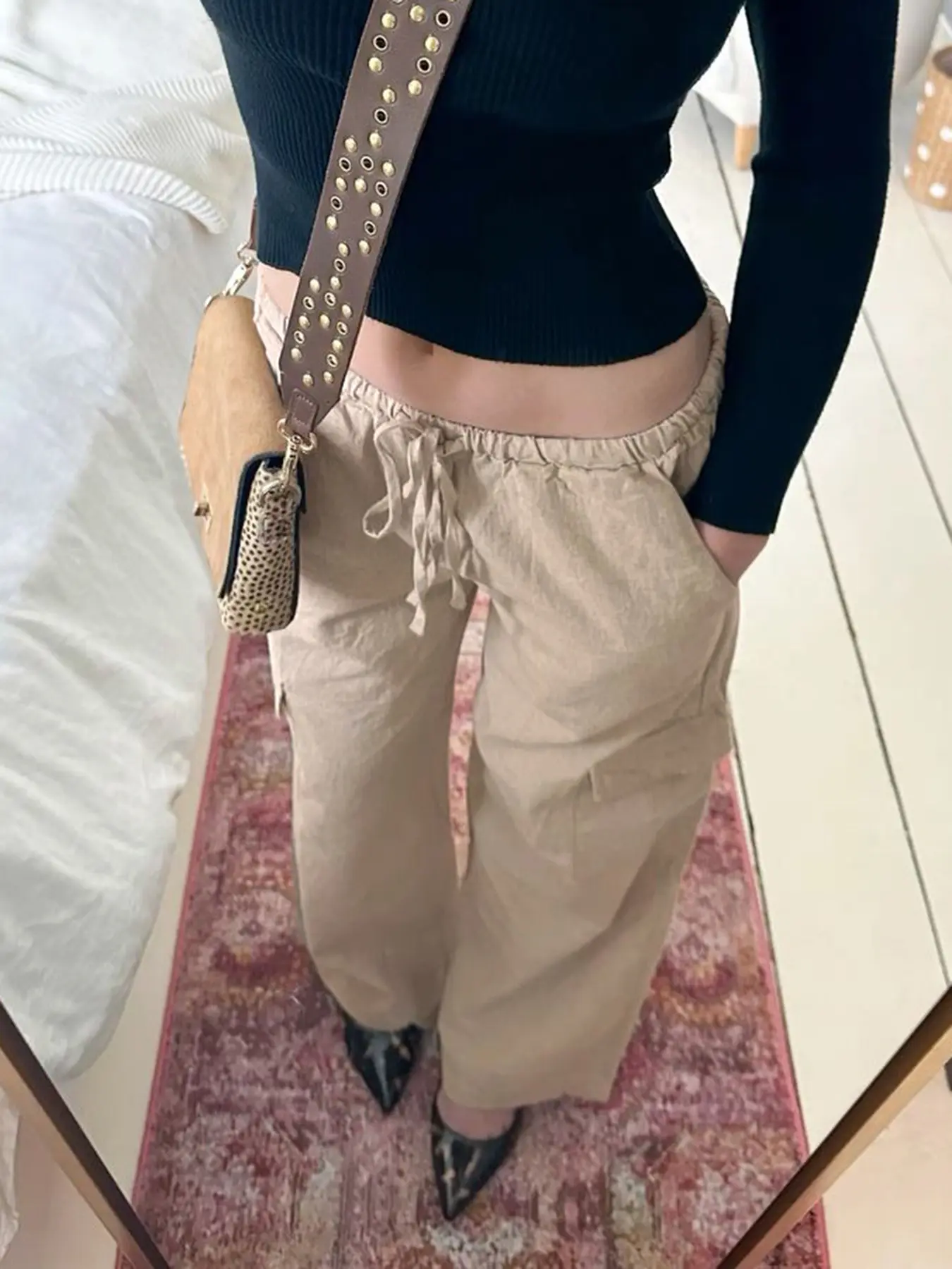 Rockmore Elegant Casual Cotton Linen Wide Leg Pants All-Match Straight Harlan Trousers Summer Pockets Thin Solid Pants for Women