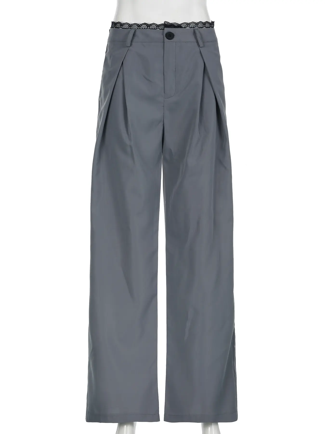 Rockmore Casual Lace Trim Patchwork Folds Suits Pants for Women Straight Baggy Streetwear Solid Low-Waist Full Length Trousers