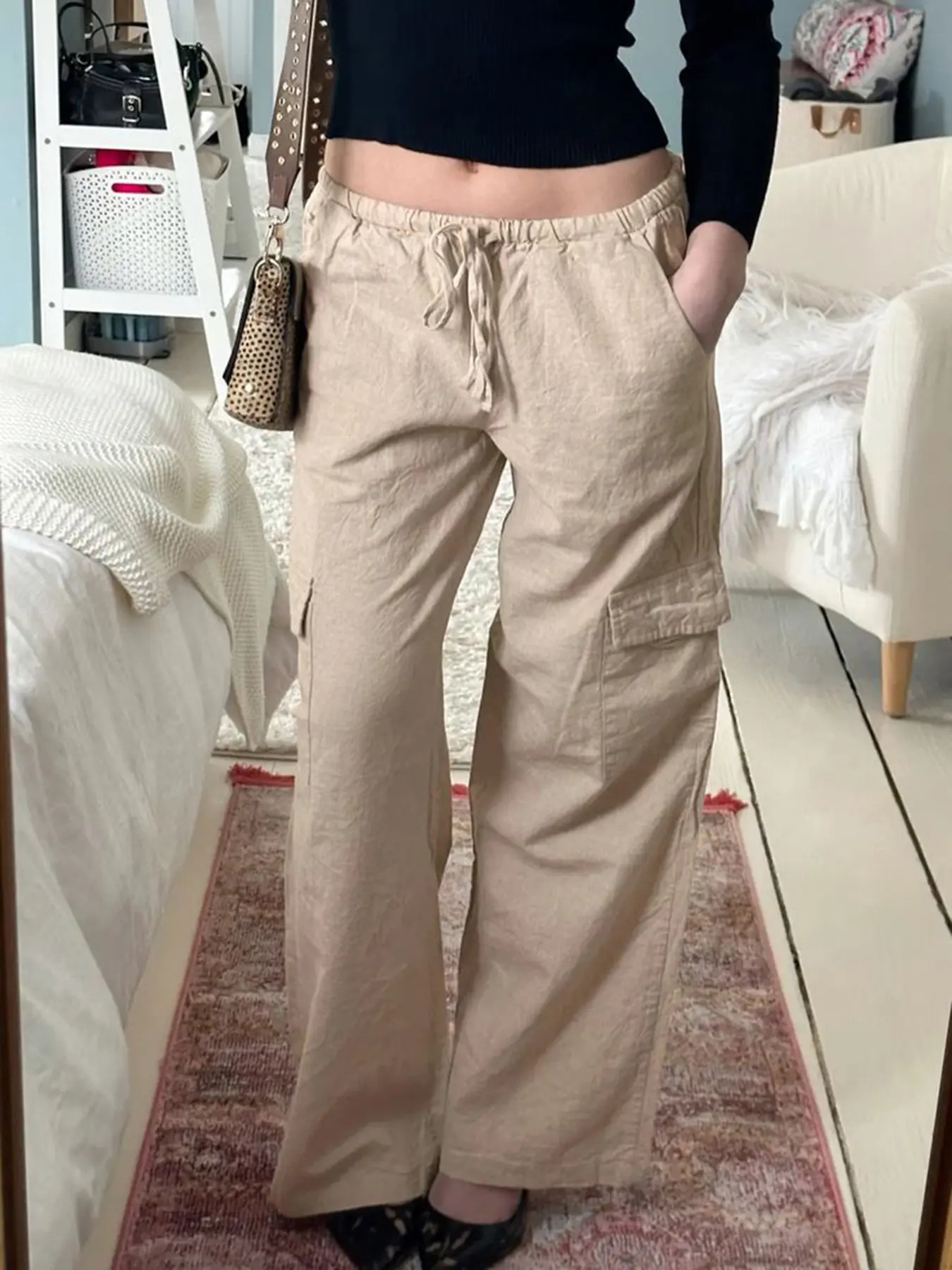 Rockmore Elegant Casual Cotton Linen Wide Leg Pants All-Match Straight Harlan Trousers Summer Pockets Thin Solid Pants for Women