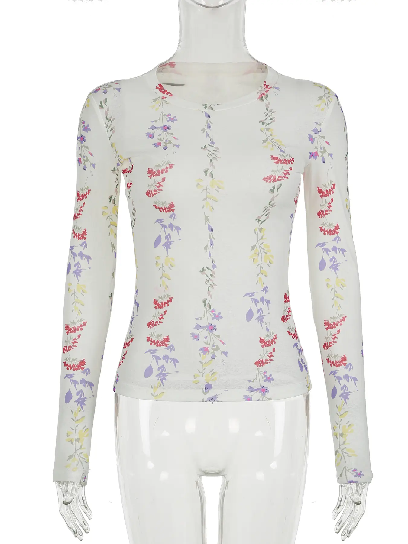Rockmore Women's Sweet Print Long Sleeve T-Shirt Casual Fashion Harajuku Semi-see-through Slim Tops Vintage Y2k Clothes Coquette