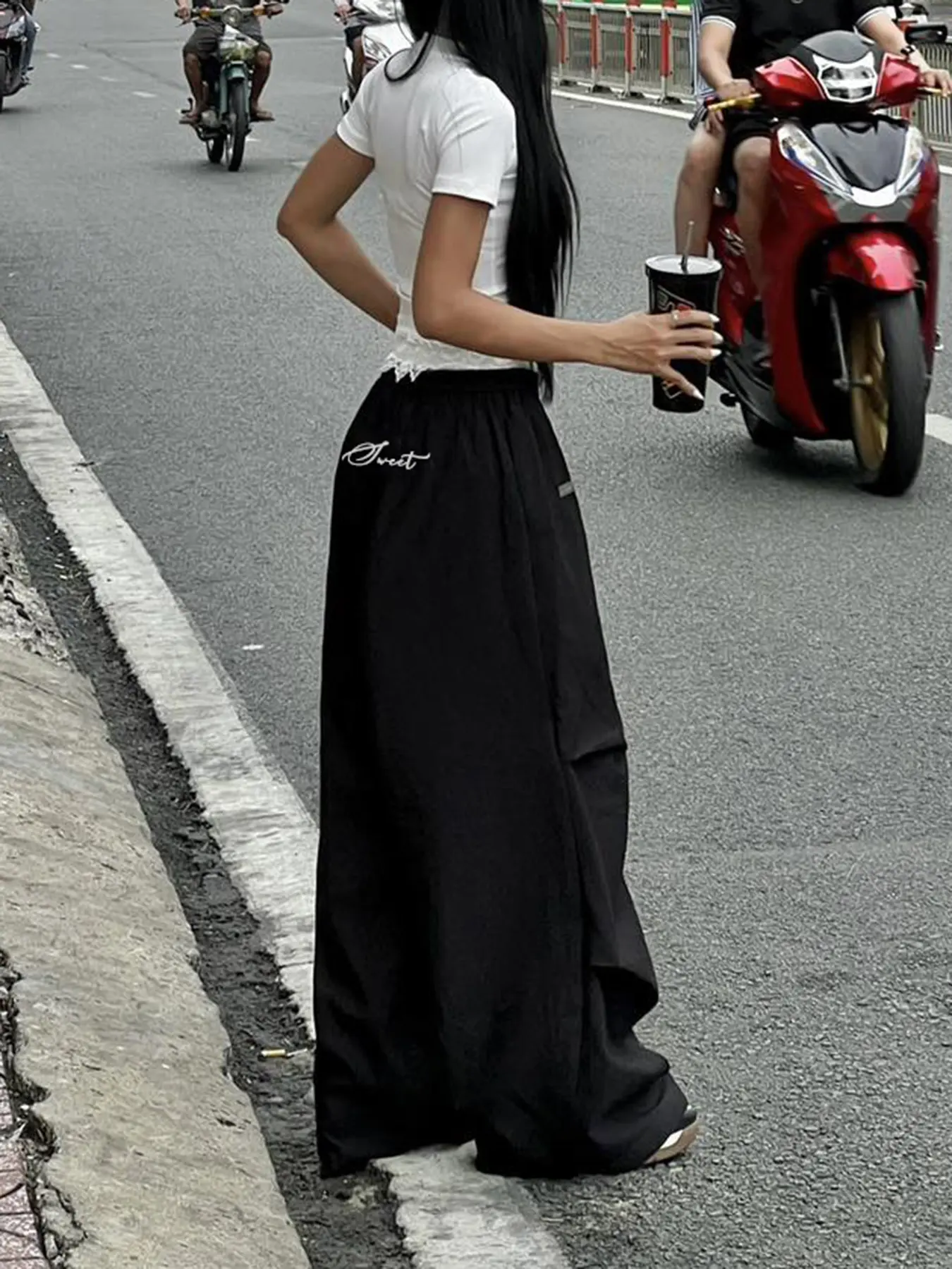 Rockmore Chic Elastic Waist Lace Patchwork Wide Lep Pants Casual Loose Embroidery Print Black Long Trousers Streetwear Outfits