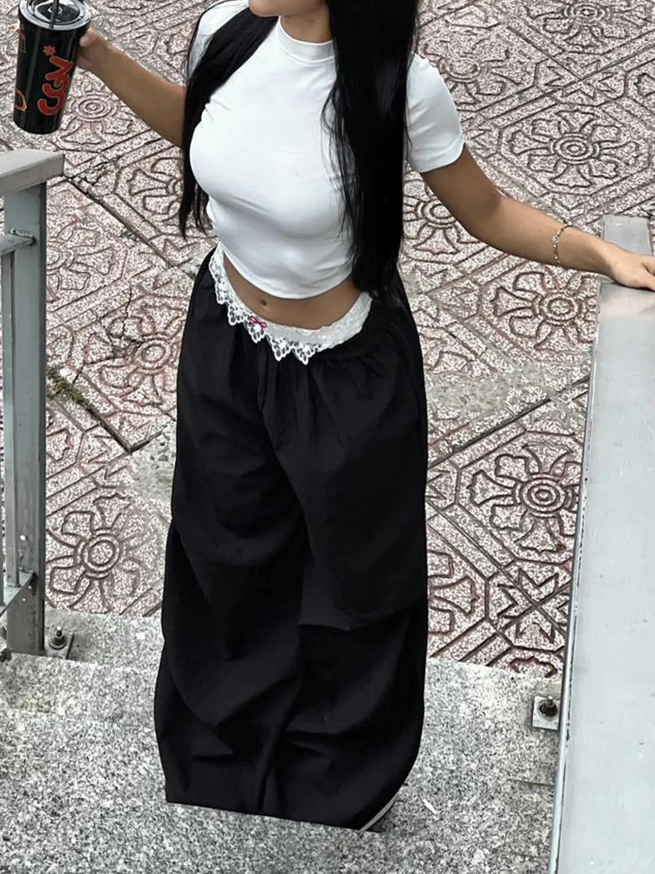 Rockmore Chic Elastic Waist Lace Patchwork Wide Lep Pants Casual Loose Embroidery Print Black Long Trousers Streetwear Outfits
