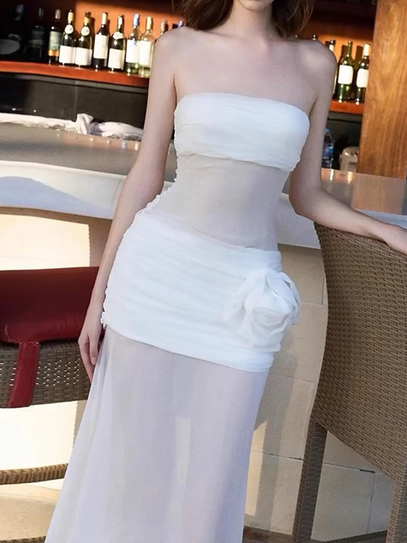 Rockmore Women Dresses Summer Beach Vacation Strapless Flowers Mesh See Through Backless Elegant Party Dress Sexy Ballroom Robe