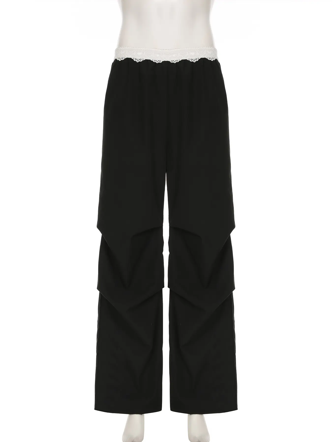 Rockmore Chic Elastic Waist Lace Patchwork Wide Lep Pants Casual Loose Embroidery Print Black Long Trousers Streetwear Outfits