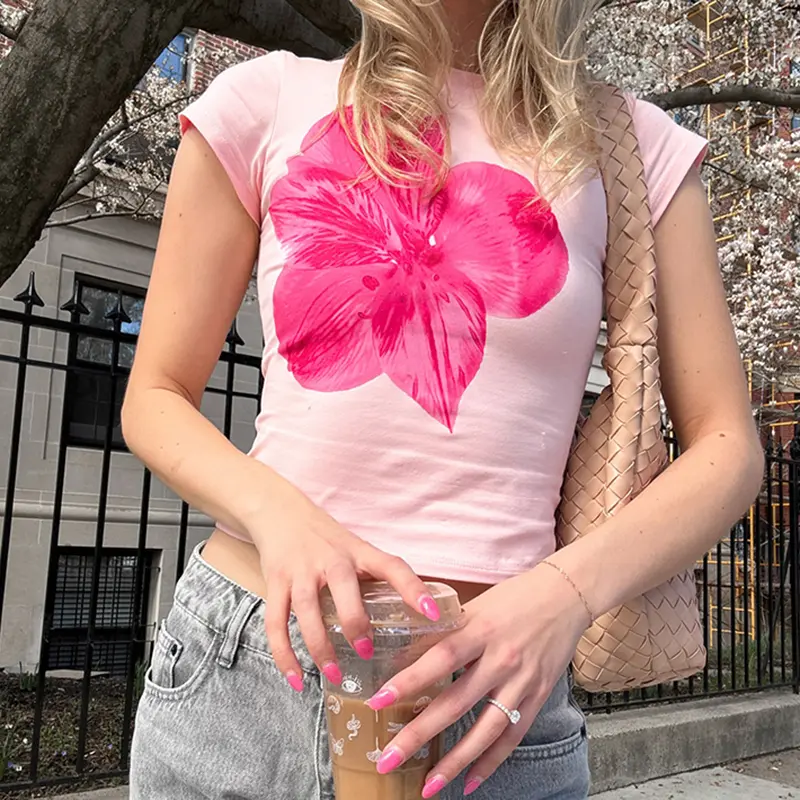 Rockmore Pink Sweet Floral Print T-shirt y2k Aesthetic Coquette Round Neck Short Sleeve Crop Top Summer Basic Casual Pullover