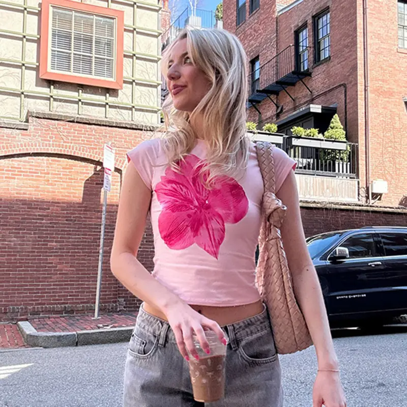 Rockmore Pink Sweet Floral Print T-shirt y2k Aesthetic Coquette Round Neck Short Sleeve Crop Top Summer Basic Casual Pullover