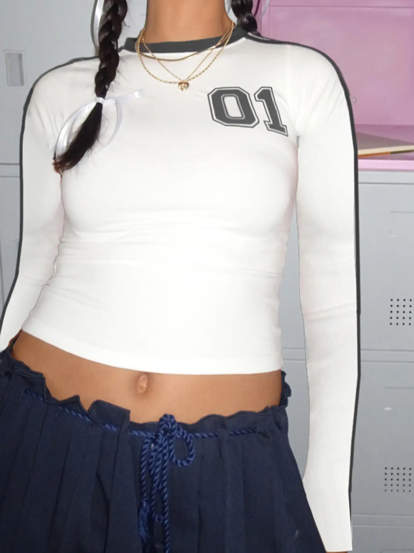 Rockmore Basic Digital Patchwork Crop Top O-Neck Long Sleeve Women T-Shirts Casual Streetwear Harajuku Sporty White Tees Summer
