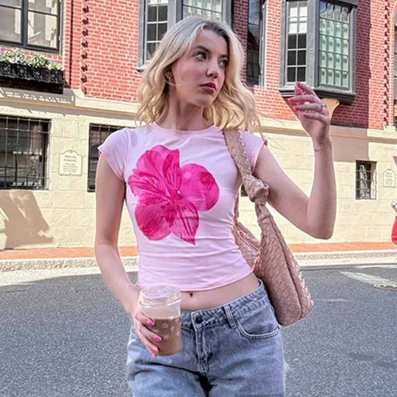 Rockmore Pink Sweet Floral Print T-shirt y2k Aesthetic Coquette Round Neck Short Sleeve Crop Top Summer Basic Casual Pullover