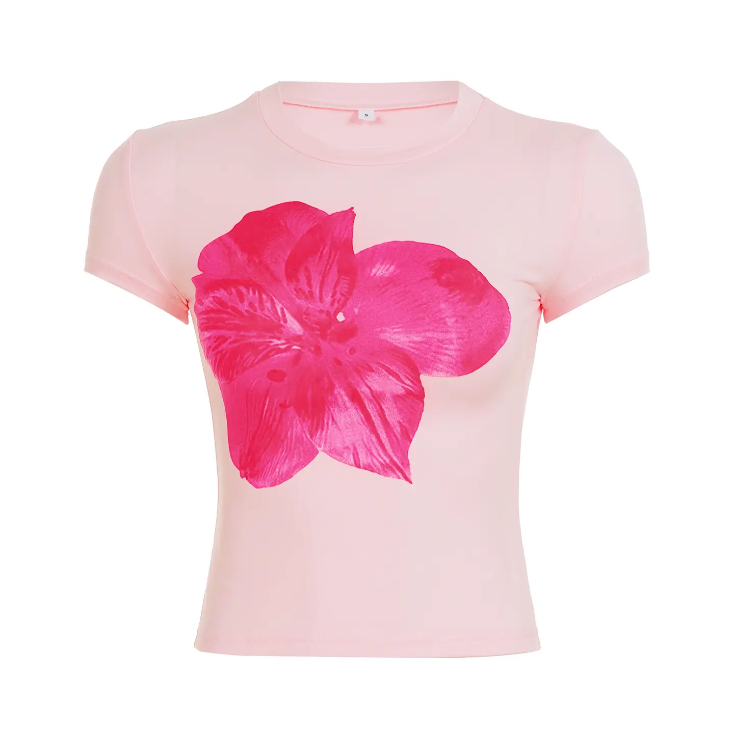 Rockmore Pink Sweet Floral Print T-shirt y2k Aesthetic Coquette Round Neck Short Sleeve Crop Top Summer Basic Casual Pullover