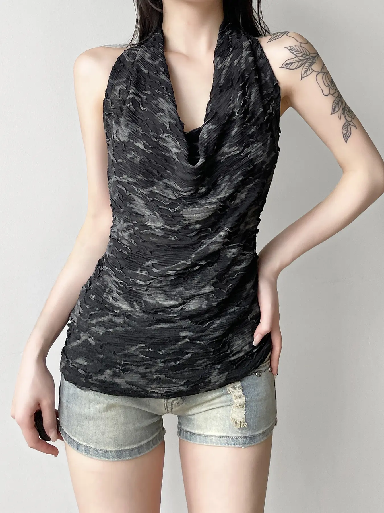 Rockmore Chic Sexy Swing Neck Halter Tank Top Tie Dye Short Sleeveless Tops Aesthetics Y2k Streetwear Backless Vests Casual Tee