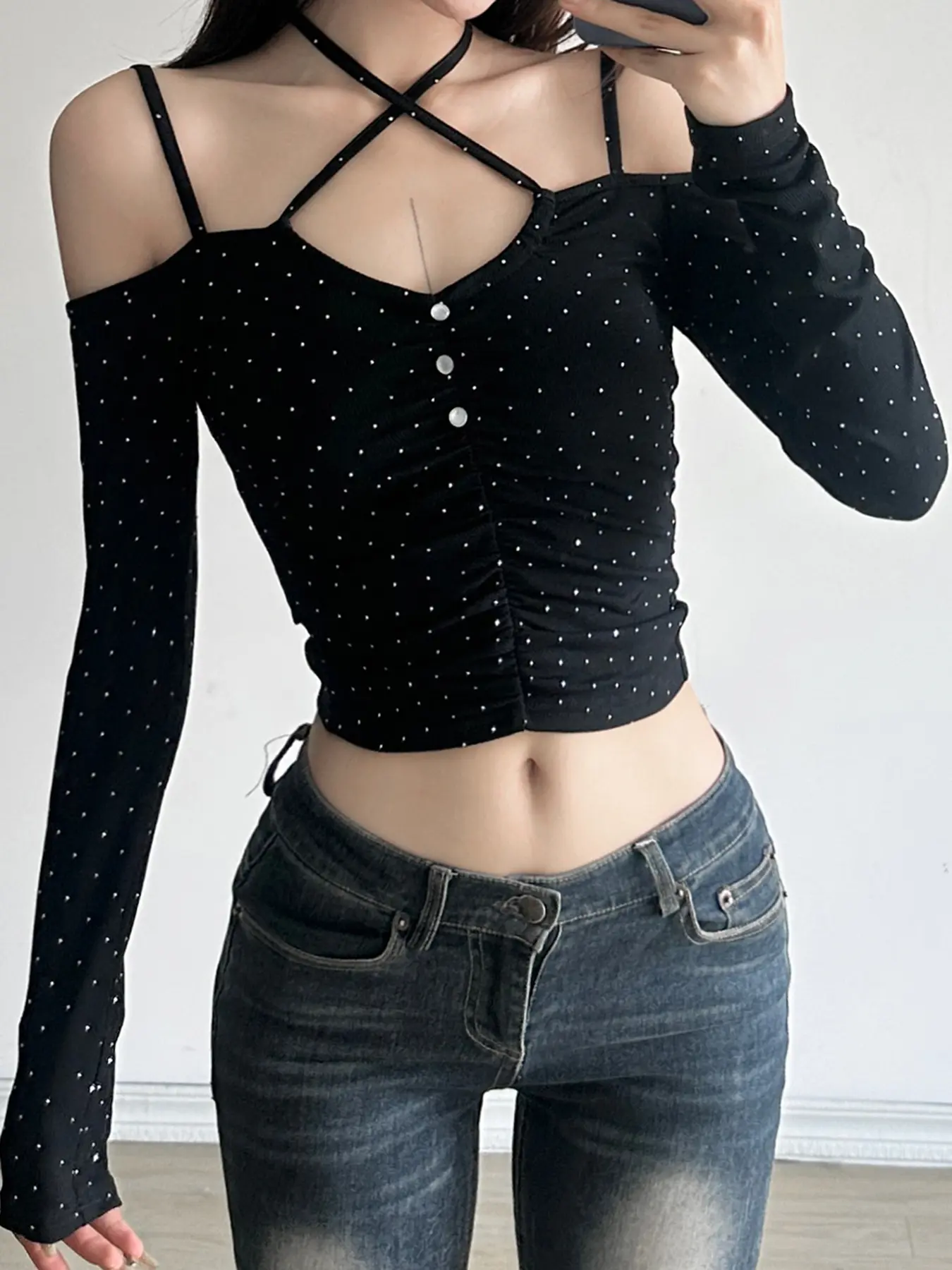 Rockmore Sexy Hollow Out Off Shoulder Halter Tie Up Crop Top Women Rhinestone Polka Dot Tee Shirt Y2K Long Sleeve T-shirt Korean