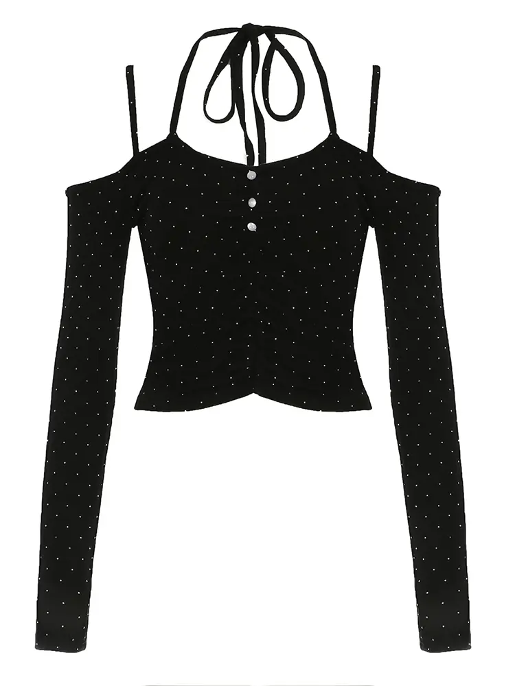 Rockmore Sexy Hollow Out Off Shoulder Halter Tie Up Crop Top Women Rhinestone Polka Dot Tee Shirt Y2K Long Sleeve T-shirt Korean
