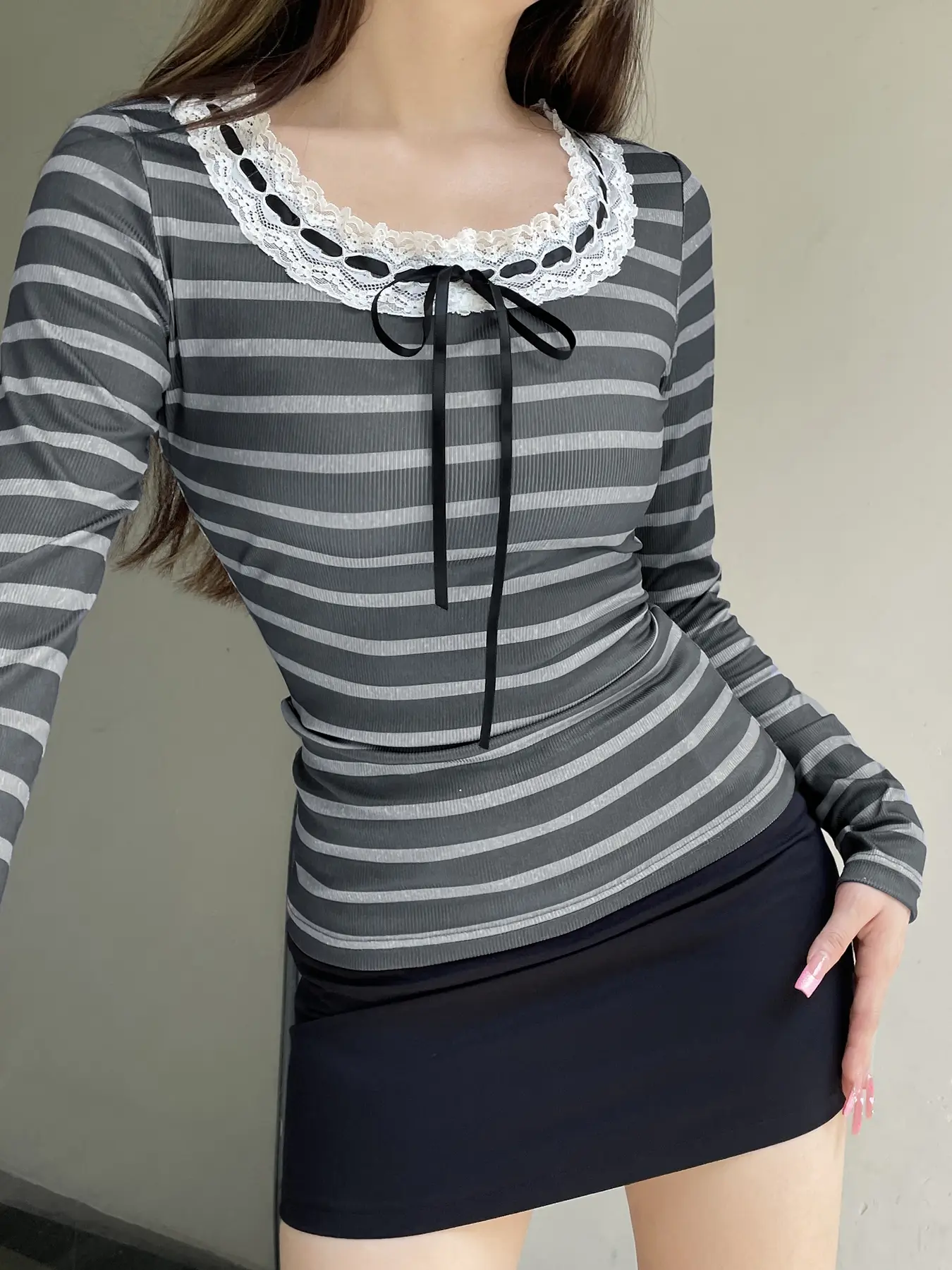 Rockmore Chic Tie Lace Trim O-neck Striped Long Sleeve T-Shirt Retro Pullover Tops Women Y2K Aesthetic 2000s Clothes Autumn New
