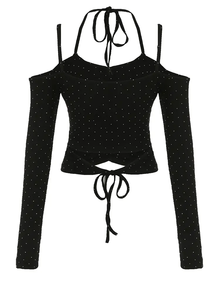 Rockmore Sexy Hollow Out Off Shoulder Halter Tie Up Crop Top Women Rhinestone Polka Dot Tee Shirt Y2K Long Sleeve T-shirt Korean