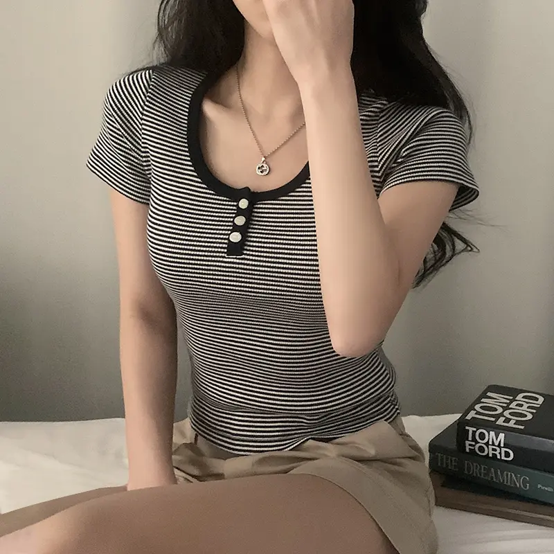 Rockmore Korean Style Striped Crop Top Women Short Sleeve Knit T Shirts Fashion Round Neck Button Up Basic Casual Summer Blouse