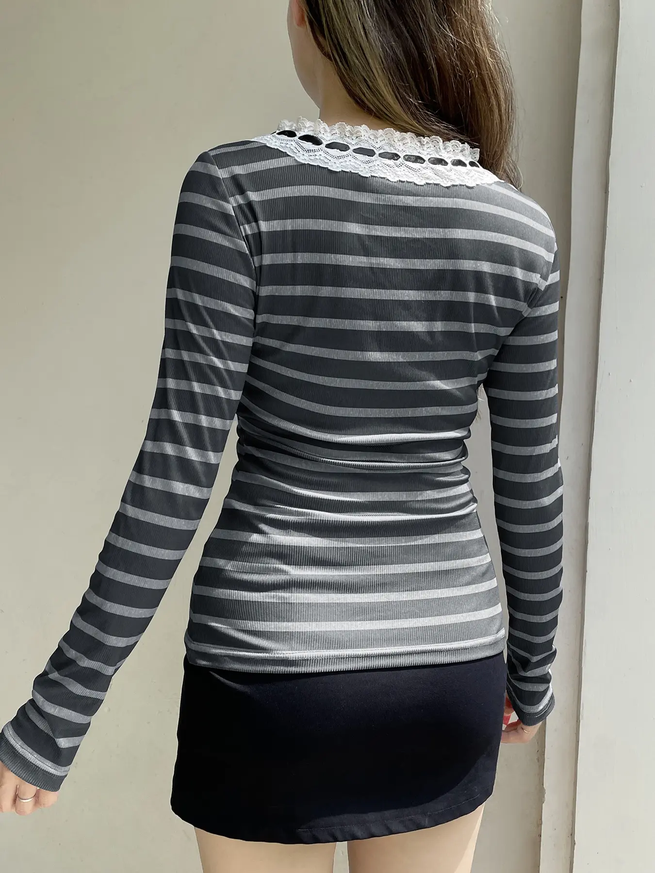Rockmore Chic Tie Lace Trim O-neck Striped Long Sleeve T-Shirt Retro Pullover Tops Women Y2K Aesthetic 2000s Clothes Autumn New