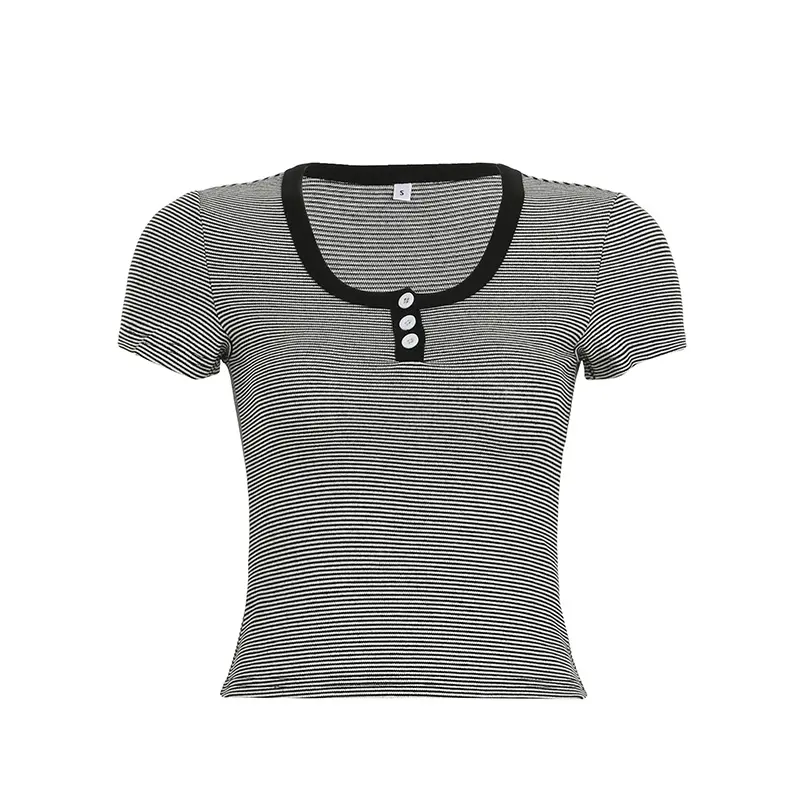 Rockmore Korean Style Striped Crop Top Women Short Sleeve Knit T Shirts Fashion Round Neck Button Up Basic Casual Summer Blouse