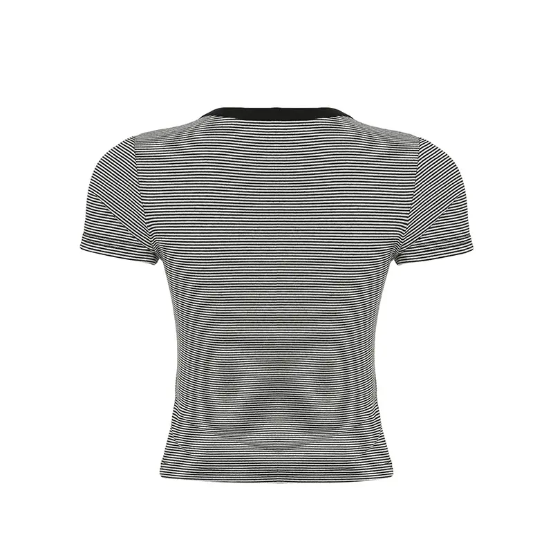 Rockmore Korean Style Striped Crop Top Women Short Sleeve Knit T Shirts Fashion Round Neck Button Up Basic Casual Summer Blouse