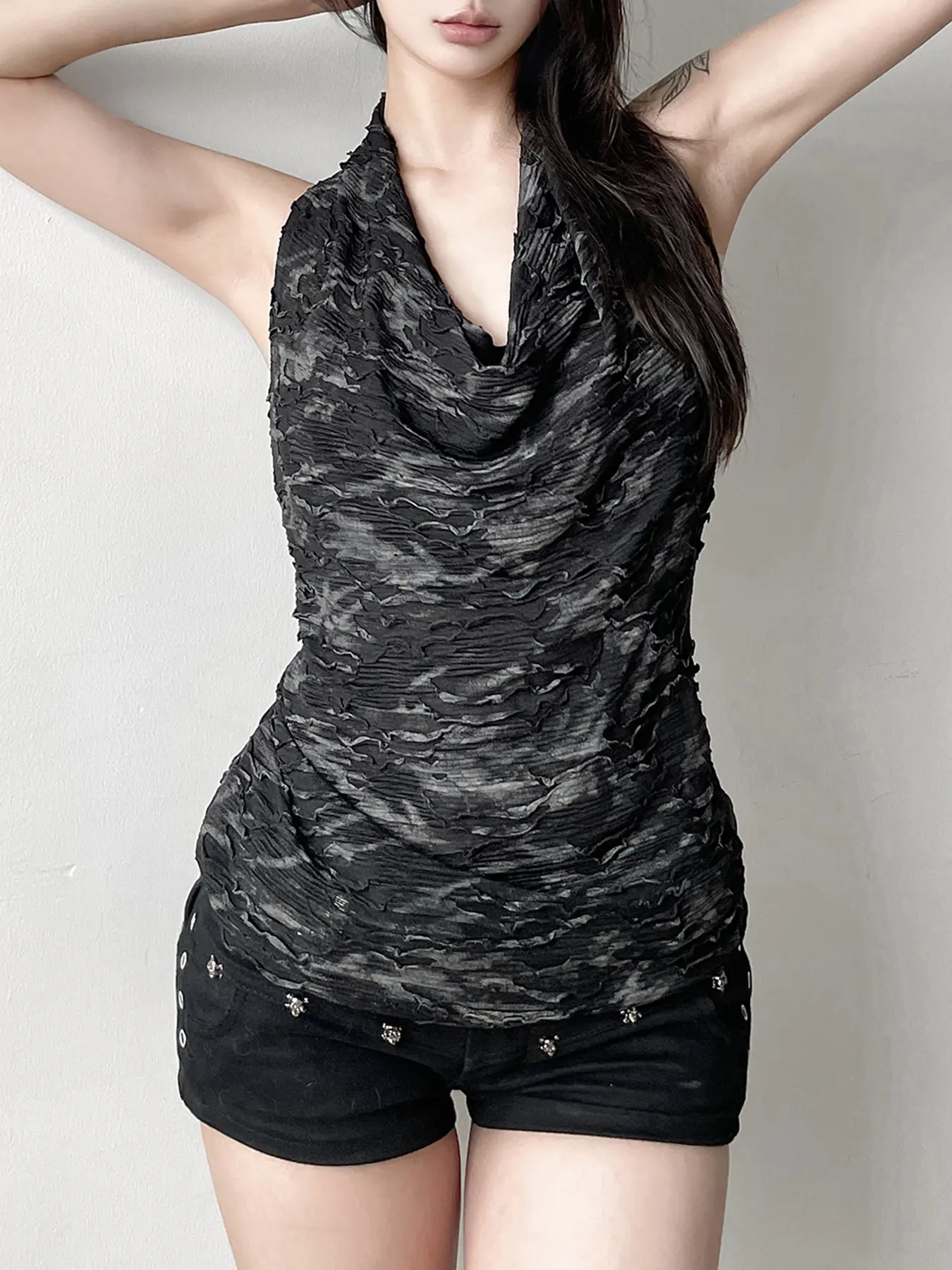 Rockmore Chic Sexy Swing Neck Halter Tank Top Tie Dye Short Sleeveless Tops Aesthetics Y2k Streetwear Backless Vests Casual Tee