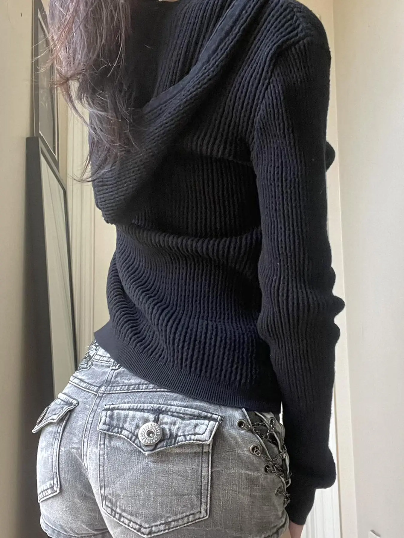 Rockmore Retro Chic Rib Knit Hooded V-neck Button Up Top Women's Full Sleeve Tees Harajuku Casual Pullover Autumn Basic Sweater