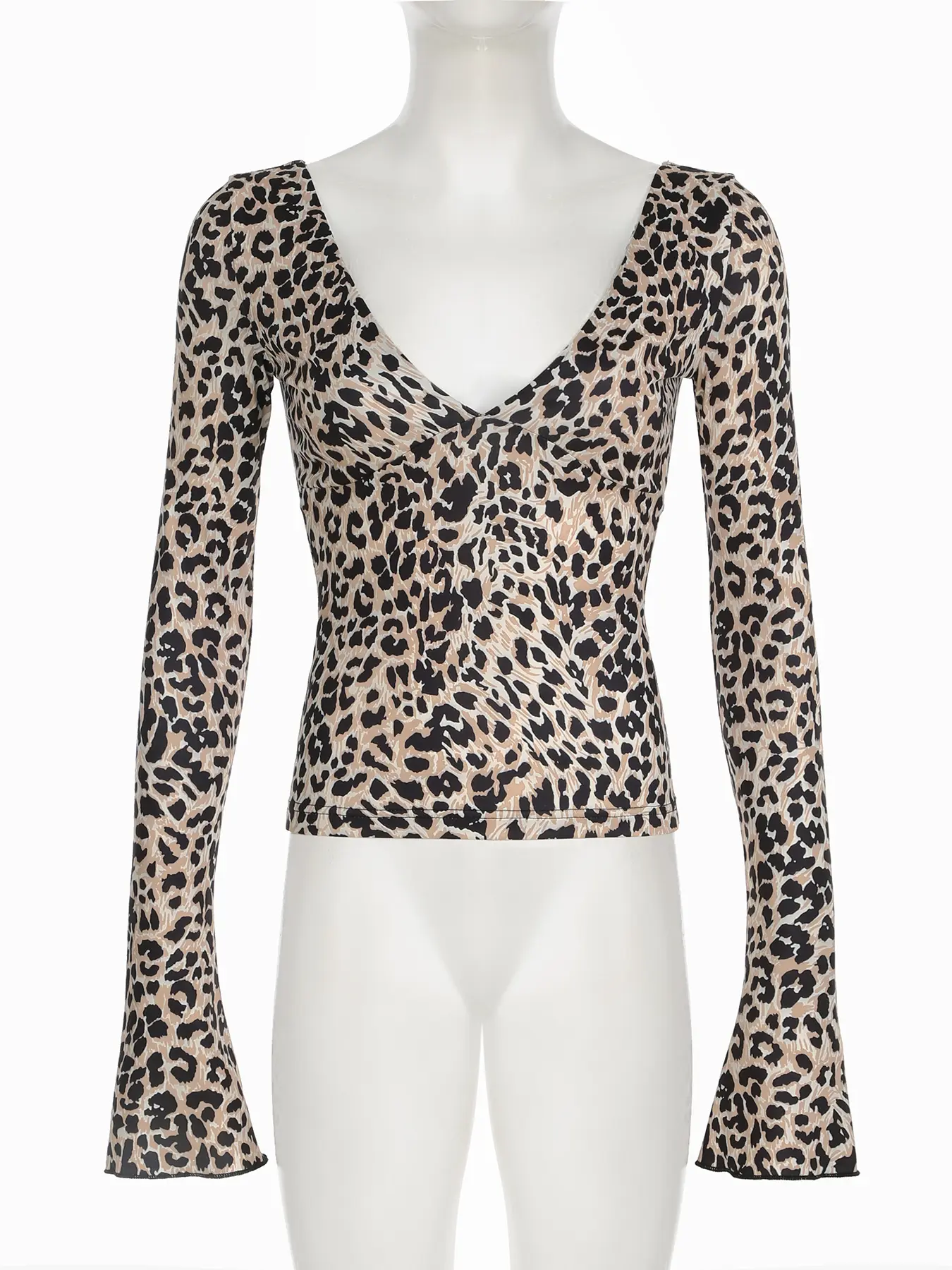 Rockmore Sexy Leopard Print Flare-sleeved T-shirt Aesthetic Deep V-Neck Slim Tops Autumn Spring Fashion Ladies Grunge Fairycore