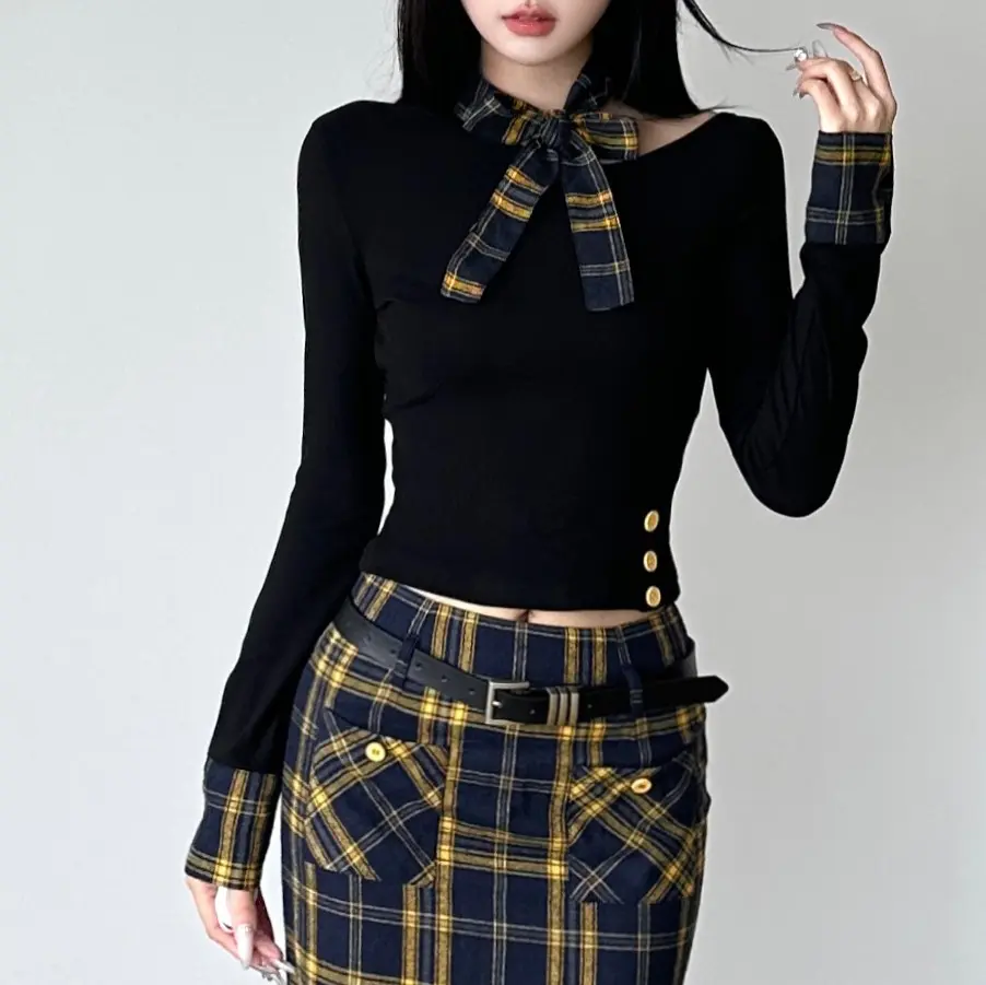 Rockmore Bow Tie Up Plaid Patchwork Off-shoulder Women's T-shirt y2k Coquette Korean Female Slim Long Sleeve Tops