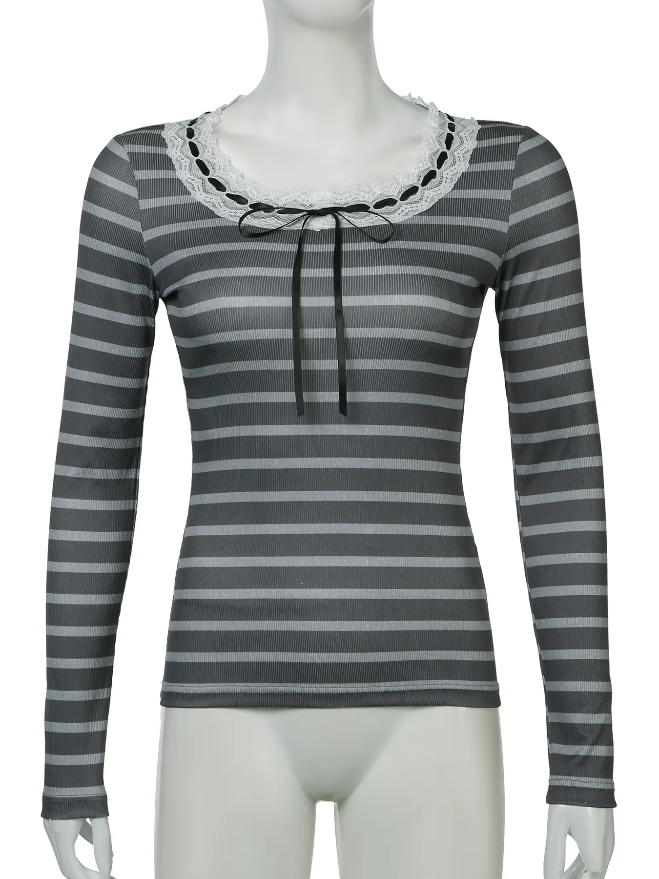Rockmore Chic Tie Lace Trim O-neck Striped Long Sleeve T-Shirt Retro Pullover Tops Women Y2K Aesthetic 2000s Clothes Autumn New