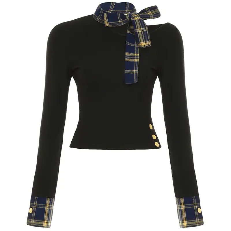 Rockmore Bow Tie Up Plaid Patchwork Off-shoulder Women's T-shirt y2k Coquette Korean Female Slim Long Sleeve Tops