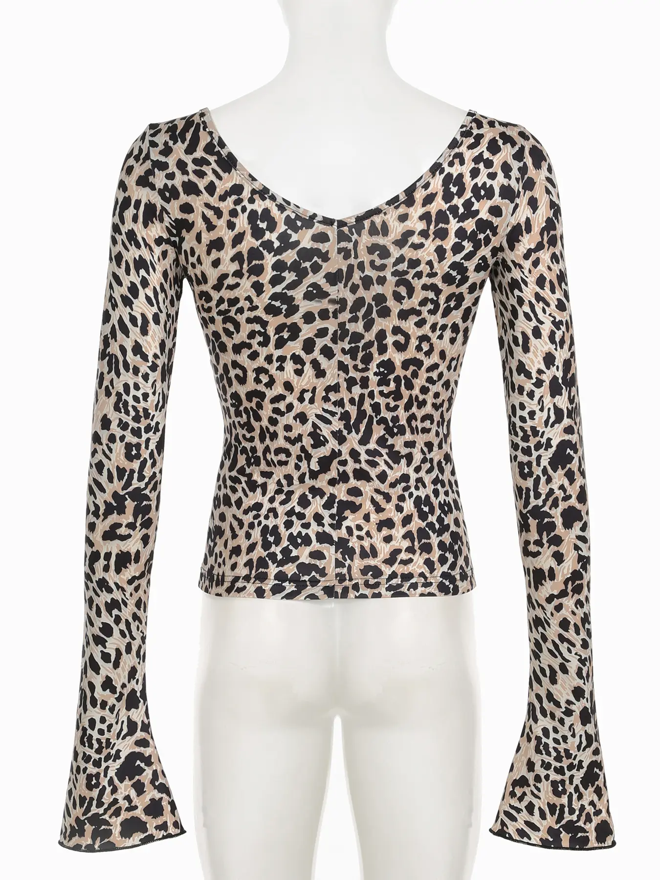 Rockmore Sexy Leopard Print Flare-sleeved T-shirt Aesthetic Deep V-Neck Slim Tops Autumn Spring Fashion Ladies Grunge Fairycore