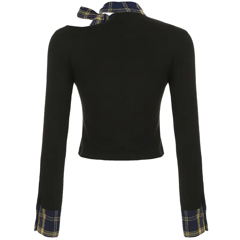 Rockmore Bow Tie Up Plaid Patchwork Off-shoulder Women's T-shirt y2k Coquette Korean Female Slim Long Sleeve Tops